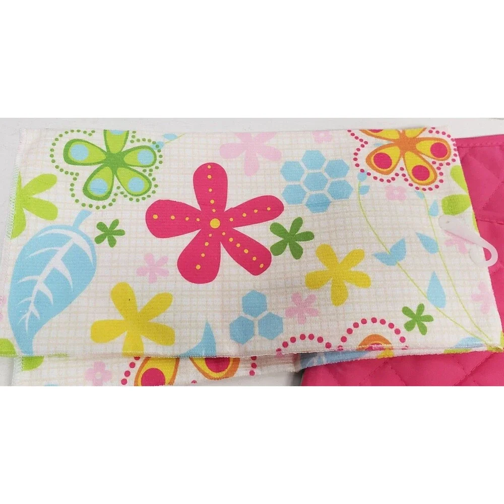 3pc Kitchen Set:1 Pot Holder,1 Oven Mitt,1 Microfiber Towel, Multicolor Flowers,